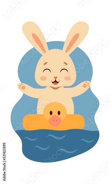 Fototapeta A cute kawaii rabbit swims in the sea or ocean with an inflatable circle in the form of a duckling and rejoices. Vector summer illustration.	