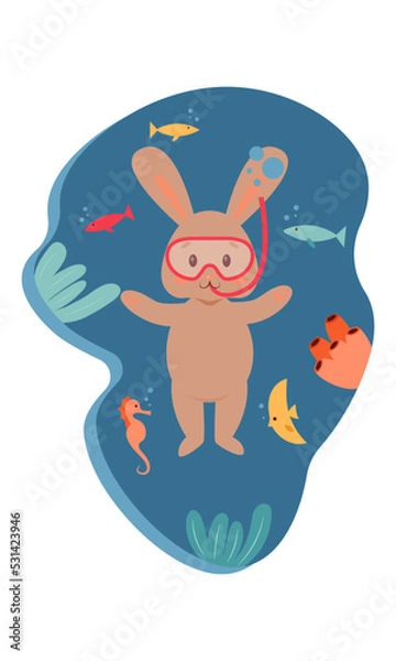 Fototapeta A cute funny rabbit in a swimming mask with a snorkel is engaged in diving underwater. Sea inhabitants and algae. Vector illustration. 2023 new year. Year of rabbit.