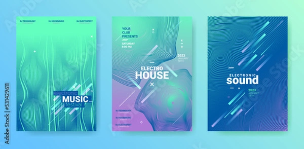Fototapeta Electronic Music Flyers Set. Techno Party Poster. Gradient Wave Round. Vector Edm Illustration. Electronic Music Flyers. Geometric Sound Rhythm. Abstract 3d Banner. Electro Music Flyers Set.