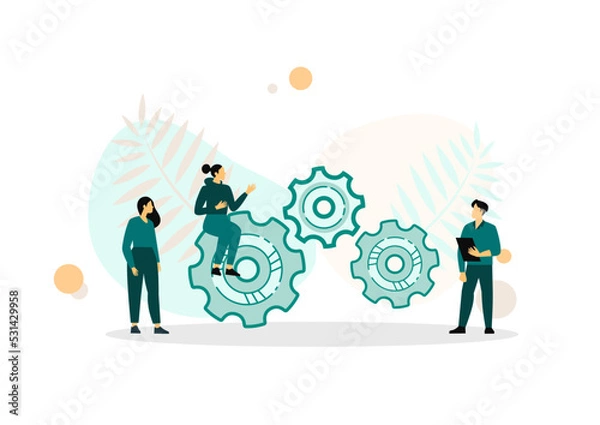 Fototapeta Flat Banner Inscription Team Building Cartoon. Men Spin Gear in General Mechanism. People Look at Work Others. Corporate Culture is Embedded in Management Company. Vector Illustration.