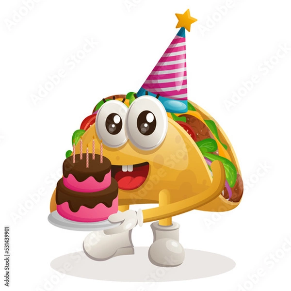 Fototapeta Cute taco mascot wearing a birthday hat, holding birthday cake