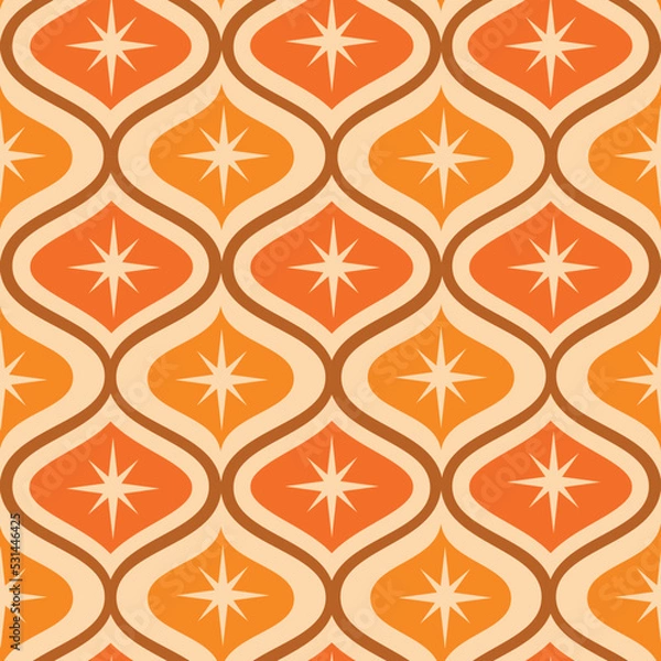 Fototapeta Mid century modern atomic starburst on orange, amber ogee ovals seamless pattern. For home décor, wallpaper and textile  