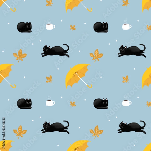 Obraz autumn umbrella pattern with cat and coffee