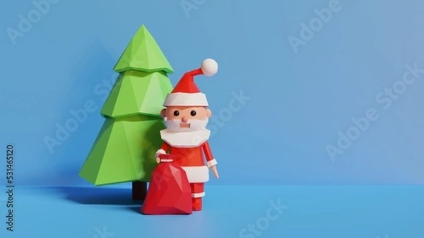 Obraz Stylized Merry Christmas 3d illustration. Santa Claus with bag of presents standing near Christmas tree.