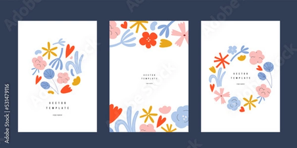 Fototapeta Vertical posters with abstract flower design, contemporary poster templates with copy space, minimalist aesthetic, leaf, floral elements, shapes. Good for print design, cover, card.