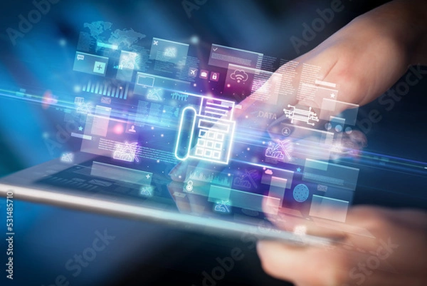 Obraz Close-up of a hand using tablet, currency concept