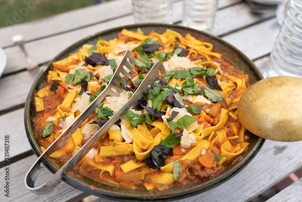 Fototapeta Pasta, Orange Sauce with fresh basil and parmesan