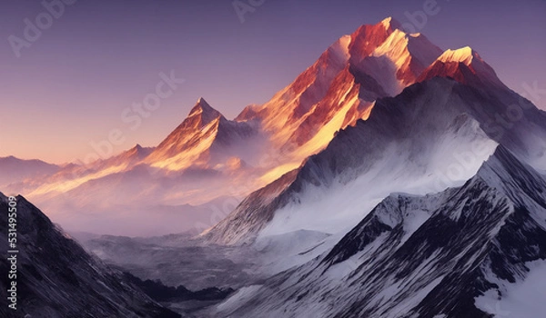 Obraz Sunset view of the Himalayas near the Himalayan mount mt Everest - Beautiful and dramatic sky with the peaks of the mountain rage rising above the rolling fog.