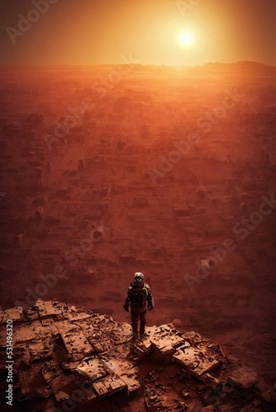 Obraz Astronaut stands on the edge of a cliff. Mars exploration. Back view of astronaut wearing space suit walking on a surface of a red planet. Ancient alien ruind In the distance