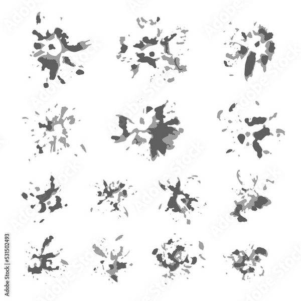 Fototapeta Ink prints of marigold flower petals. Black inky blots collection. Handmade set of formless imprints, stains, splashes and spots. Decorative elements pack for creatives. EPS8 vector illustration.