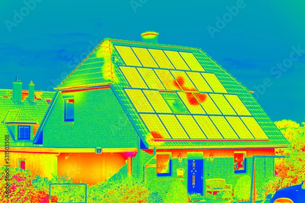 Obraz Thermographic inspection of photovoltaic systems by house.Thermovision image of solar panels. Infrared thermovision image. Infrared thermography in inspection of photovoltaic panels.