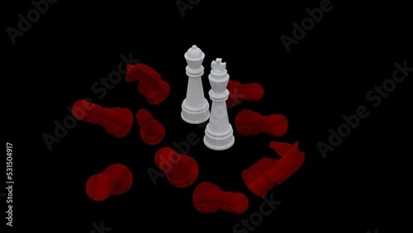 Fototapeta white and red chess on a black background. The queen wins the battle
