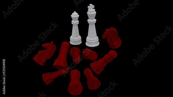 Fototapeta white and red chess on a black background. The queen wins the battle