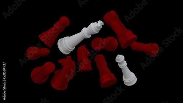 Fototapeta white and red chess on a black background. The queen wins the battle