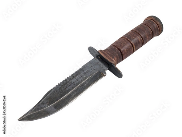 Fototapeta Rusty old hunting knife with leather handle isolated.