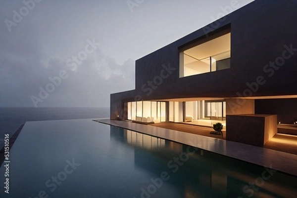 Fototapeta Modern angular luxury tropical villa with a swiming pool. Designed using generative ai
