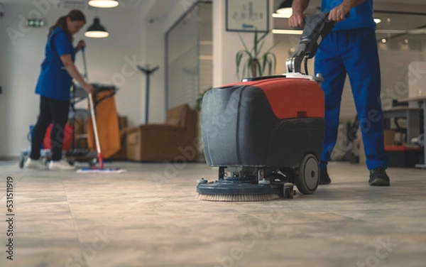 Fototapeta Machine washing of the hard floor in the office
