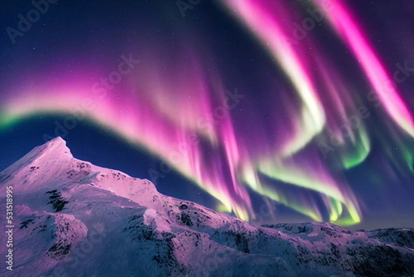 Fototapeta Northern Lights over snowy mountains. Aurora borealis with starry in the night sky. Fantastic Winter Epic Magical Landscape of Mountains	