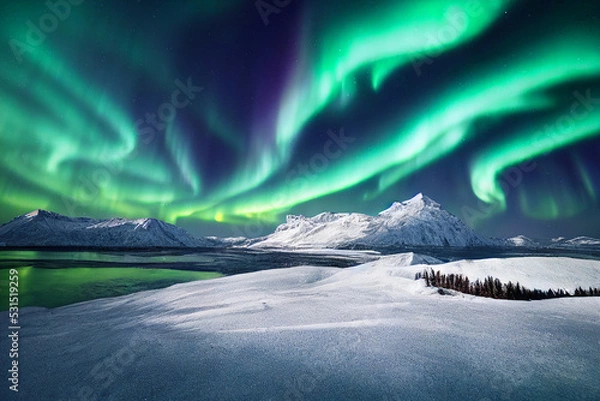 Fototapeta Northern Lights over lake. Aurora borealis with starry in the night sky. Fantastic Winter Epic Magical Landscape of snowy Mountains	