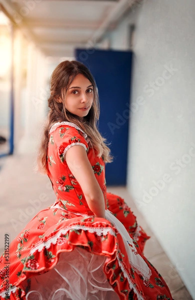 Fototapeta portrait young latin woman looking at the camera dressed with chilean national custome .