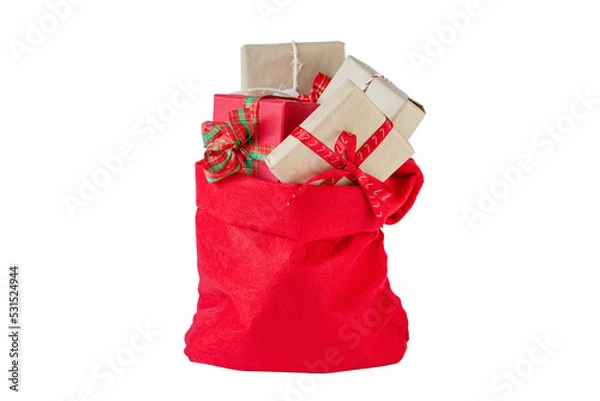 Fototapeta Santa Claus red bag with christmas presents isolated on white stock image