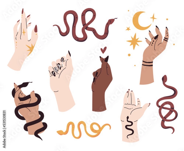 Obraz Set of magical attributes of halloween. Female hands with different skin colors, snakes and tattoos