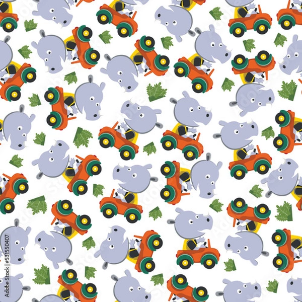 Fototapeta Seamless pattern of funny rhino driving car in the road. Creative vector childish background for fabric, textile, nursery wallpaper, poster, card, brochure. and other decoration.