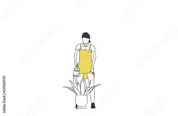 Fototapeta じょうろで観葉植物に水をあげる女性のシンプルなイラスト