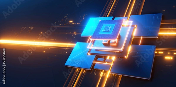 Fototapeta 3D rendering of cyberpunk AI. Circuit board. Technology background. Central Computer Processors CPU and GPU concept. Motherboard digital chip. Tech science background.