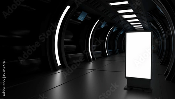 Fototapeta Blank mock up vertical billboard or LCD screen floor stand in spaceship or space station interior, Sci Fi tunnel, 3D rendering.