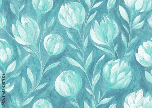 Fototapeta Vintage soft turquoise floral seamless pattern. Watercolor painting flowers with silver contours on textured background. Template for design, textile, wallpaper, bedding, ceramics.