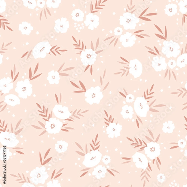 Obraz Seamless floral pattern based on traditional folk art ornaments. Colorful flowers on color background. Scandinavian style. Sweden nordic style. Vector illustration. Simple minimalistic pattern