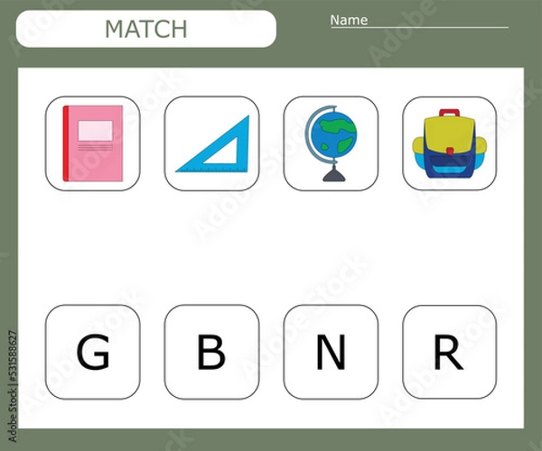 Fototapeta Find the first letter of the school supplies and connect. Educational game for children.
