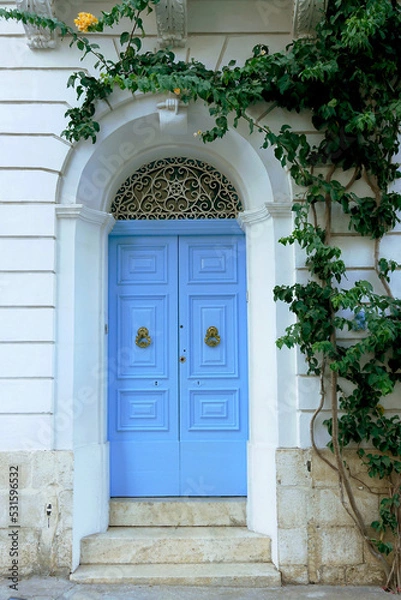 Obraz Elegant light-blue front door framed by trailing leaves and flowers, in a house of Malta