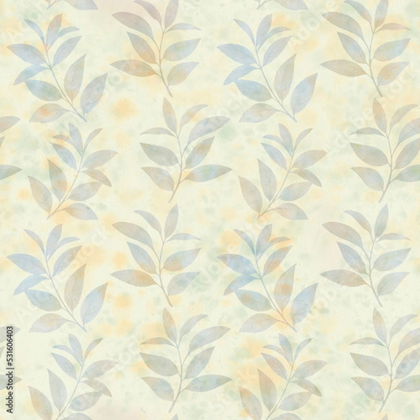 Fototapeta Watercolor leaves on a branch painted with a brush on paper. Seamless botanical pattern. Abstract gently green background with leaves for design.