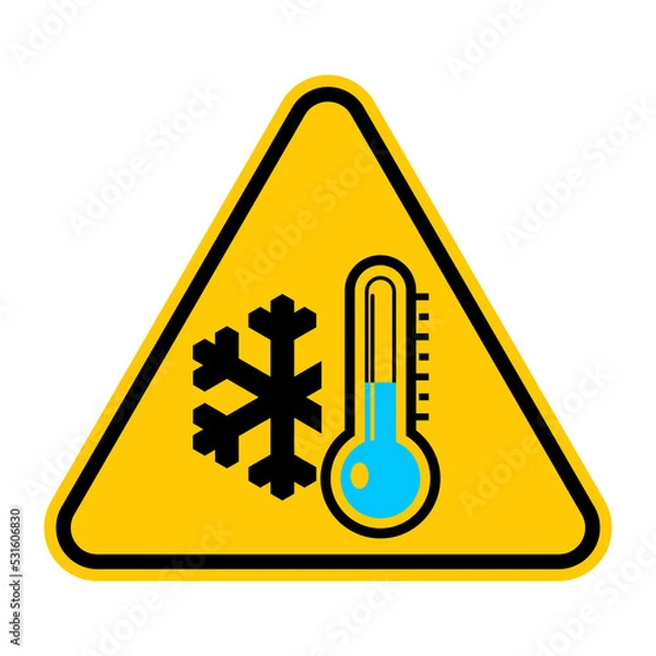 Fototapeta Low temperature warning sign. Vector illustration of yellow triangle sign with snowflake and blue thermometer icon inside. Caution symbol isolated on background. Winter concept. Very cold and freezing