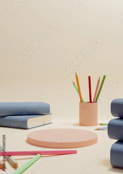 Fototapeta Light beige, pastel orange 3D illustration back to school product display one podium or stand vertical from the side with pencils, and books on table for product photography background or wallpaper