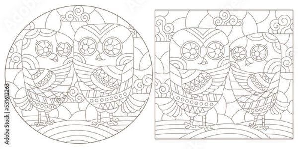 Fototapeta A set of contour illustrations in the style of stained glass with cute cartoon owls, dark contours on a white background