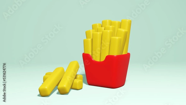 Fototapeta 3d illustration French fries or fried potatoes in a red carton box cartoon style minimal.