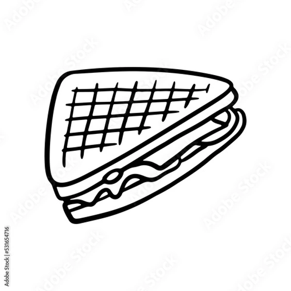 Obraz Triangle Sandwich Hand-drawn outline doodle Vector Illustration. Grilled bread. Fast food drawing for restaurant menu and street food package.