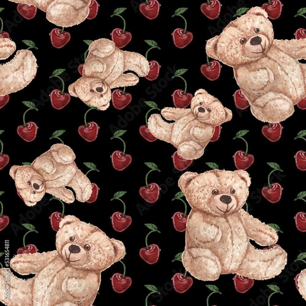 Fototapeta Cute funny teddy bear toy with seamless pattern. happy teddy bear, children, child, concept of seamless pattern with childish character