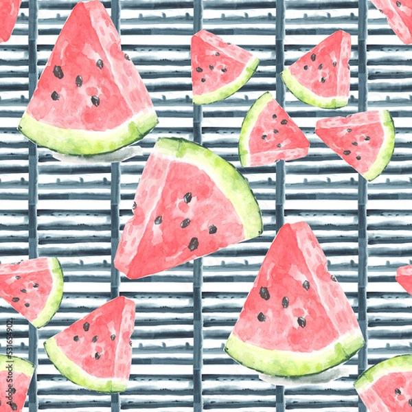 Fototapeta hand drawn watermelons, seamless pattern. Cute summer fresh fruit print. Red watermelon slices with seeds repeat texture on blue background