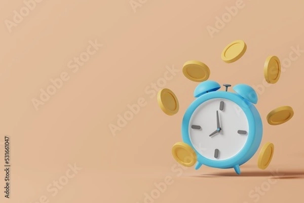 Fototapeta Cartoon alarm clock with money coins on background. In concept of time is the most valuable. 3d rendering