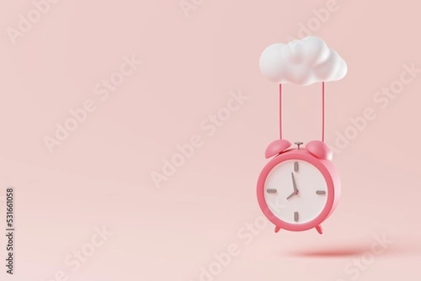 Fototapeta Minimal alarm clock hanging from cloud on pink background. Time management is important concept. 3d rendering