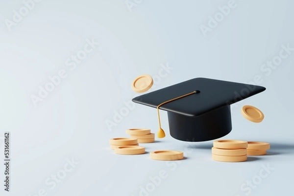 Fototapeta Graduations cap with money coins on light blue background. Money savings for education, Scholarship, Academic tuition fees, invest in knowledge, financial planning for future concept. 3d rendering