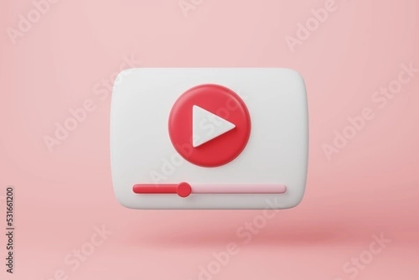 Fototapeta Minimal red video multimedia play button icon on pink background. Audio, movie, media player interface start symbol, sign round circle shape. Digital streaming technology design concept. 3d rendering