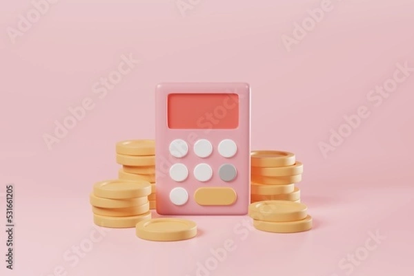 Fototapeta Minimal style math financial calculator with stacking coins on pink background. Business investment budget balance, income tax, economy analysis, money savings, accounting work concept. 3d rendering
