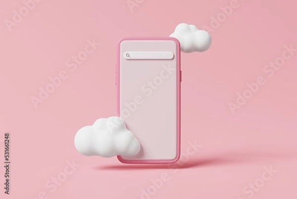 Fototapeta Minimal style blank screen mobile phone with magnifier internet searching bar and cloud on pink background. Cloud server data system, web browser, information research with phone concept. 3d rendering