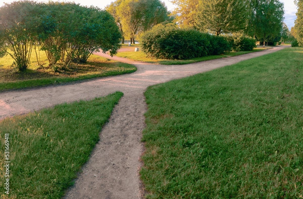 Obraz Confluence and intersection of straight walking paths in different directions among grass, bushes and trees in the early morning in a coastal park
