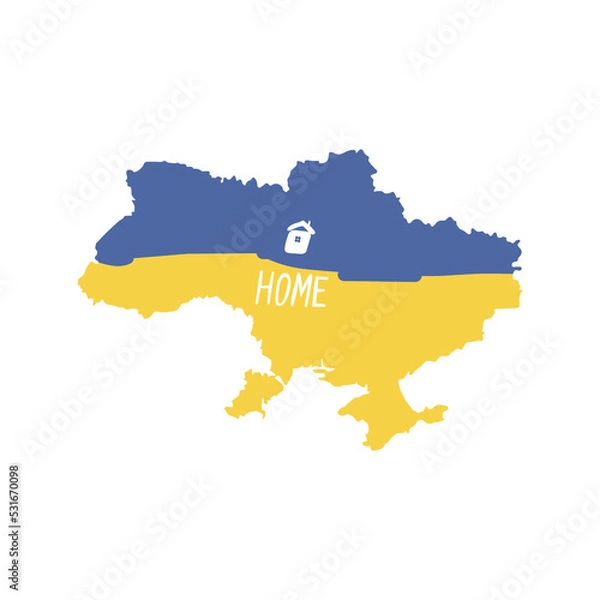 Fototapeta Ukraine is my home. Map of Ukraine with a house. Abstract patriotic Ukrainian flag with the symbol of the house. Vector illustration. Isolated on a white background.